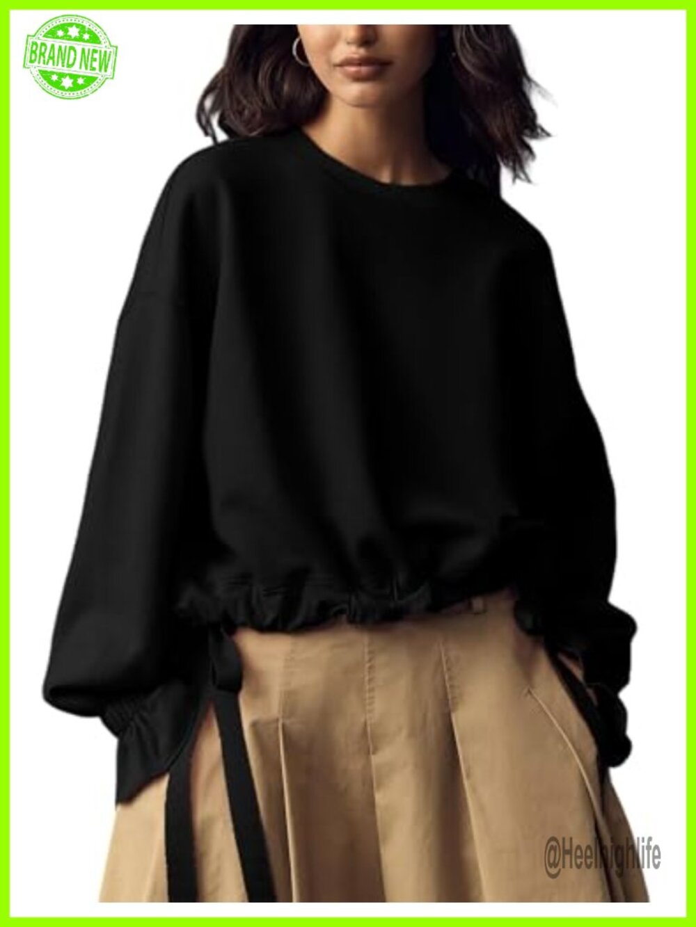 Women's Tie-Up Sweatshirt Crewneck Balloon Sleeve Crop Babydoll Pullover